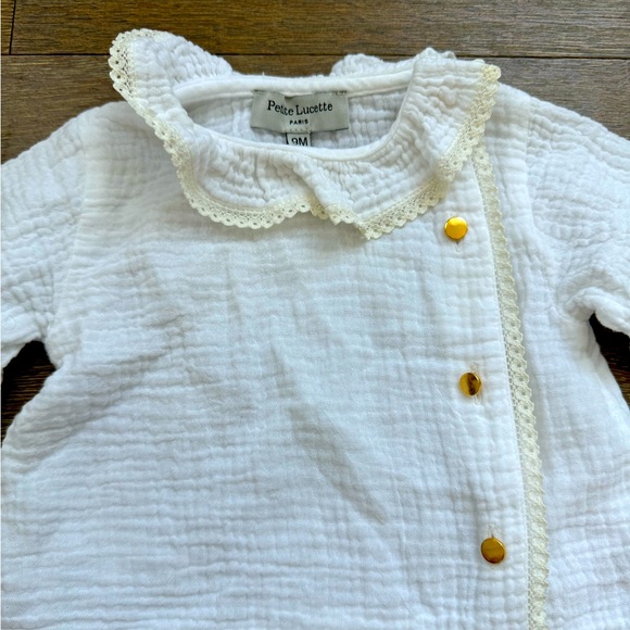 Petite Lucette Paris Baby collared lace trim shirt w/ gold buttons| size 9M - Picture 3 of 3